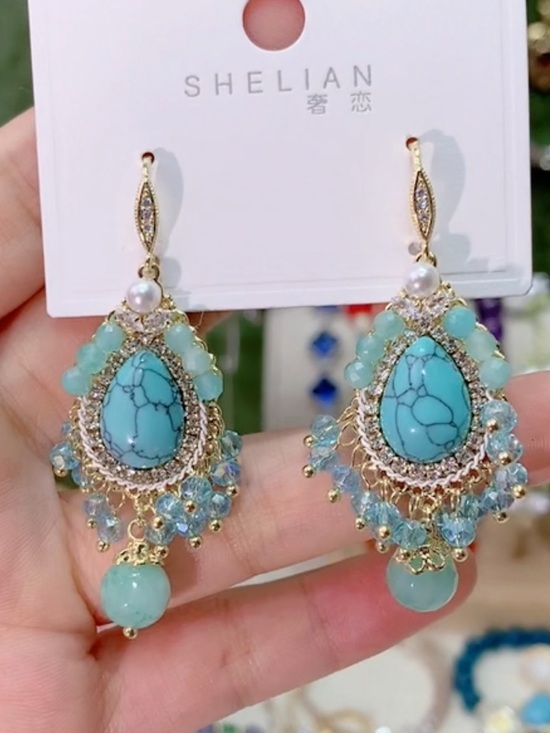 Jewelry - Turquoise Teardrop Statement Earrings - Gold and Aqua